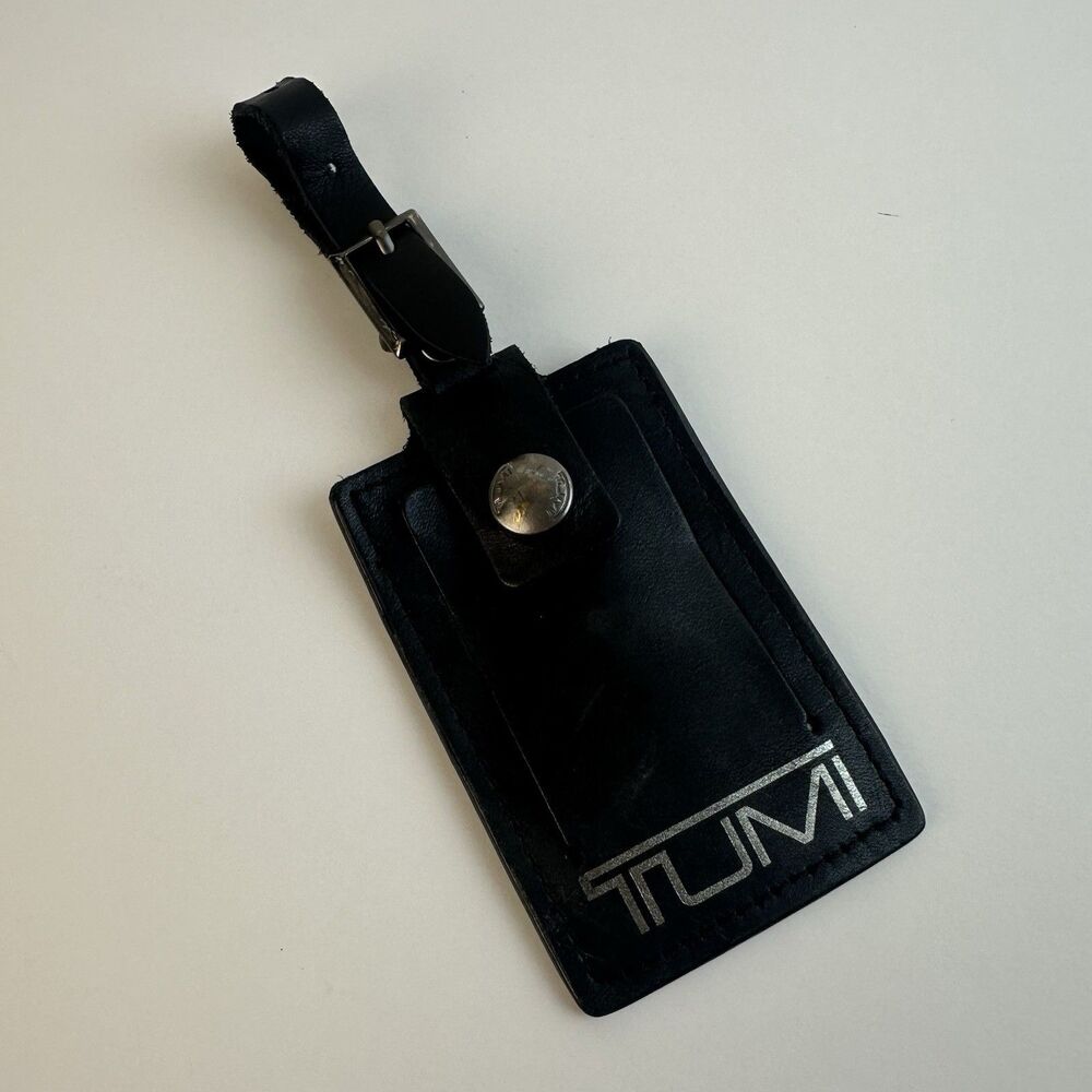 TUMI Black Leather Luggage Bag ID Tag Silver Logo Adjustable Strap Privacy Flap